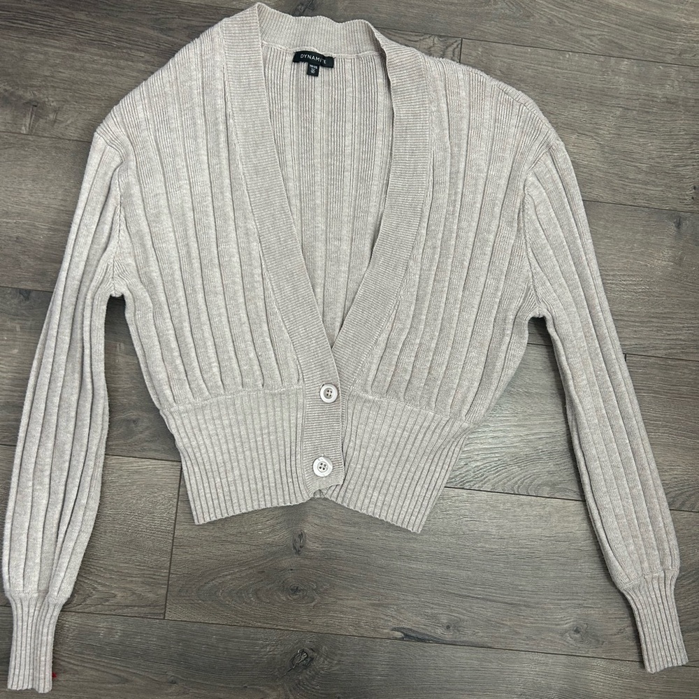 Ribbed Beige Cropped Cardigan Button Up Sweater